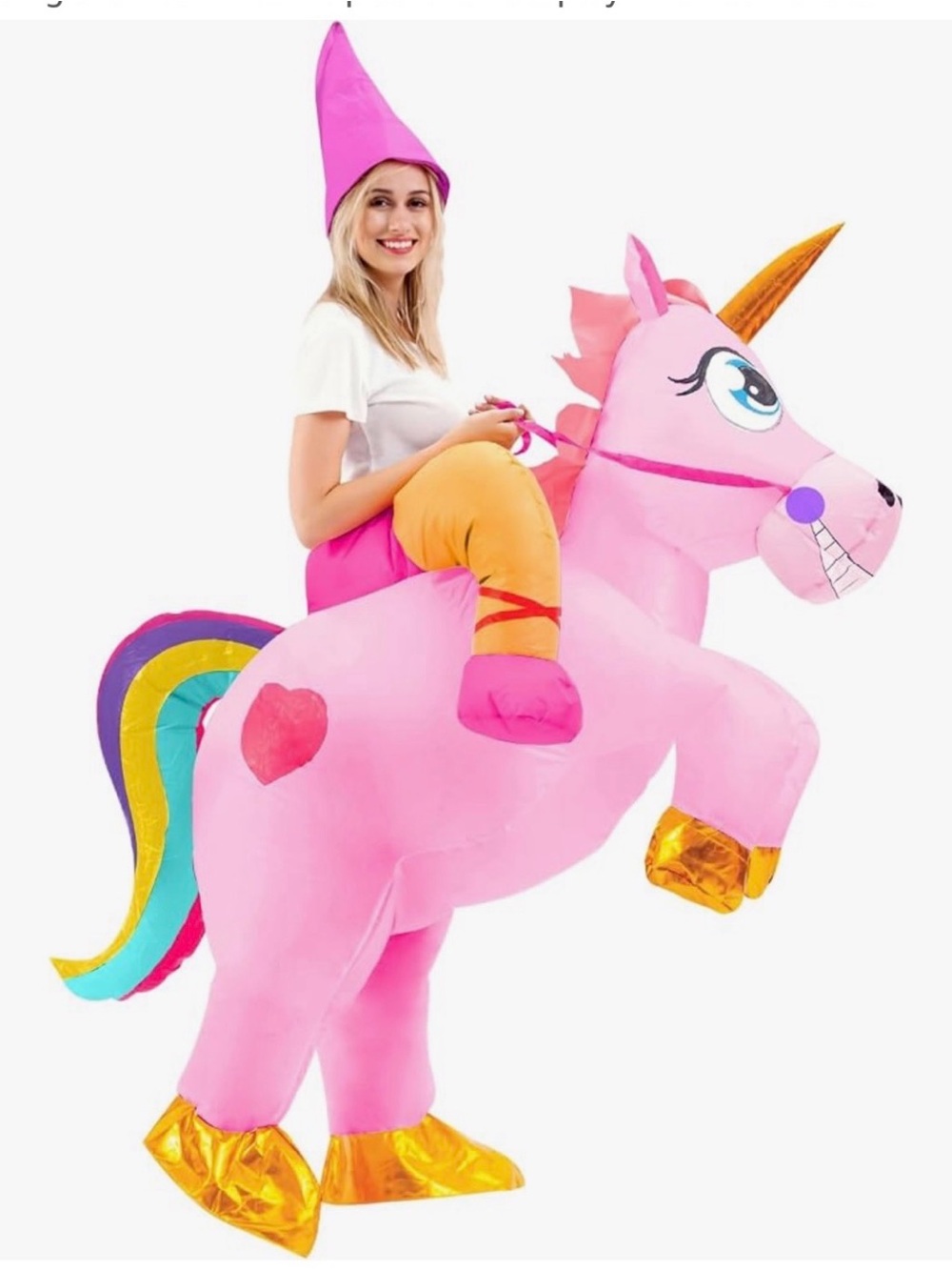 Inflatable Pink Unicorn Ride-On Costume with Gold Hooves